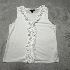 Vintage Chaps XL White Ruffle V-Neck Tank Top 100% Cotton 90s Sleeveless Shirt
